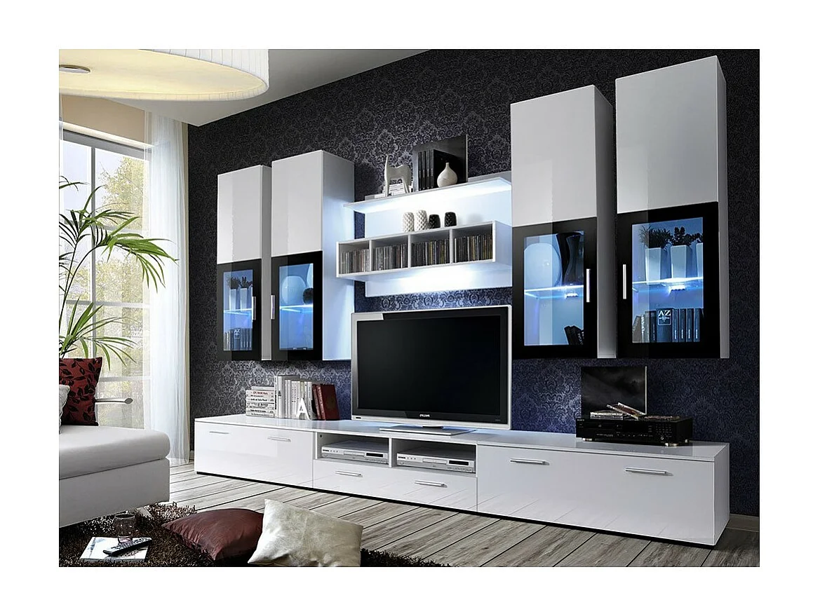 Composition de meubles TV  design collection LORA. Coloris blanc mat et blanc brillant.
