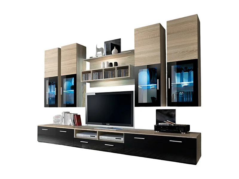 Composição de móveis para TV da coleção LORA. Cores em carvalho e preto.