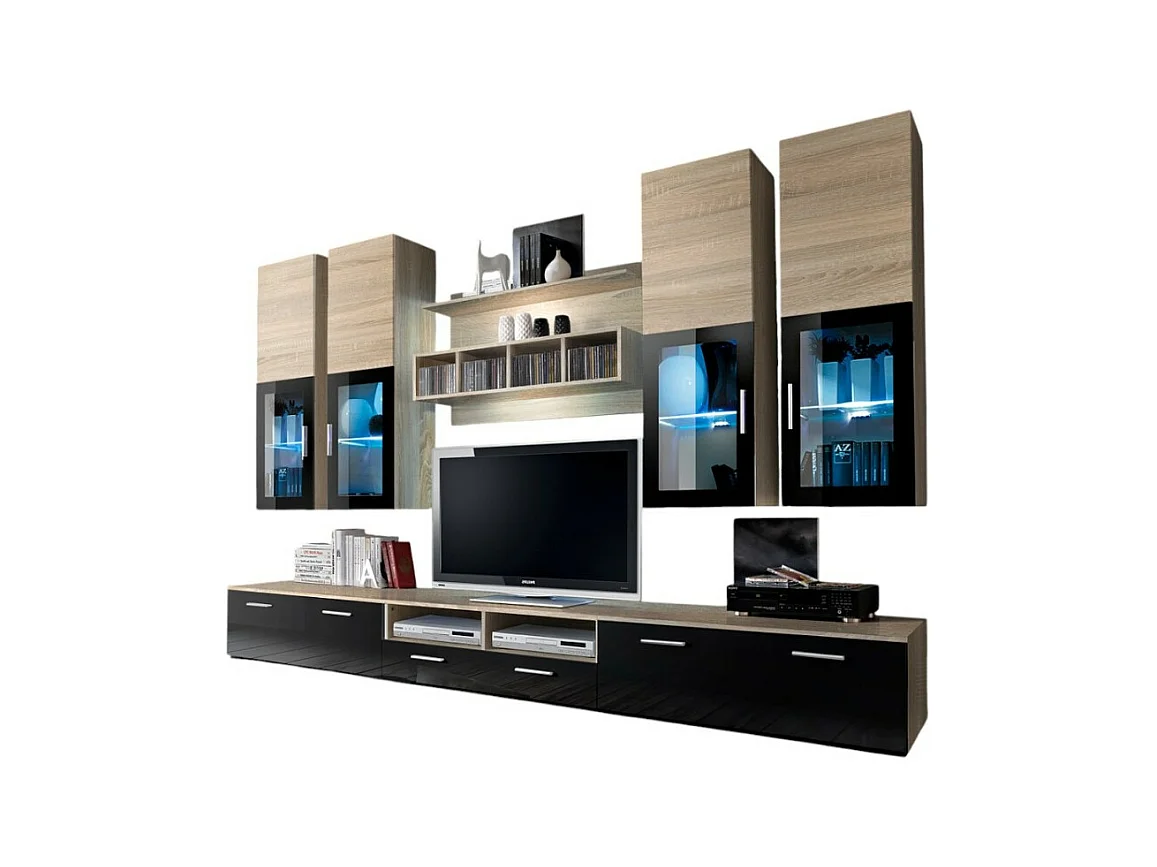 Composição de móveis para TV da coleção LORA. Cores em carvalho e preto.