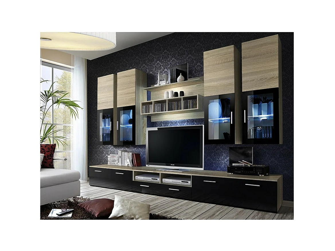 Composição de móveis para TV da coleção LORA. Cores em carvalho e preto.
