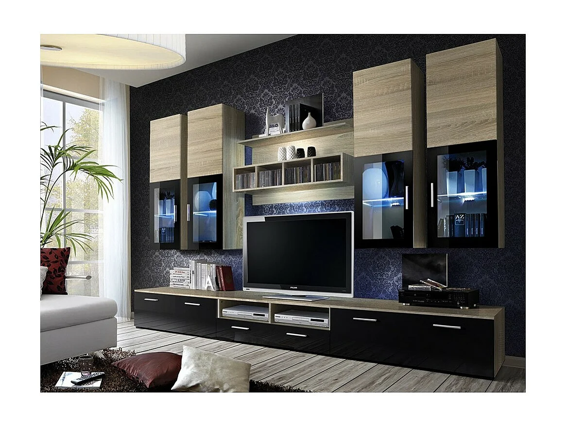 Composizione di mobili per TV della collezione design LORA. Colori rovere e nero.