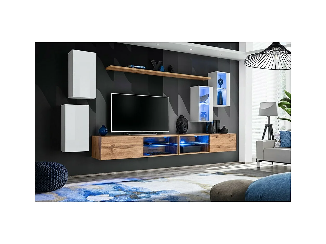 Set di mobili da soggiorno SWITCH XXV – LED – Bianco e Rovere – Composizione murale design