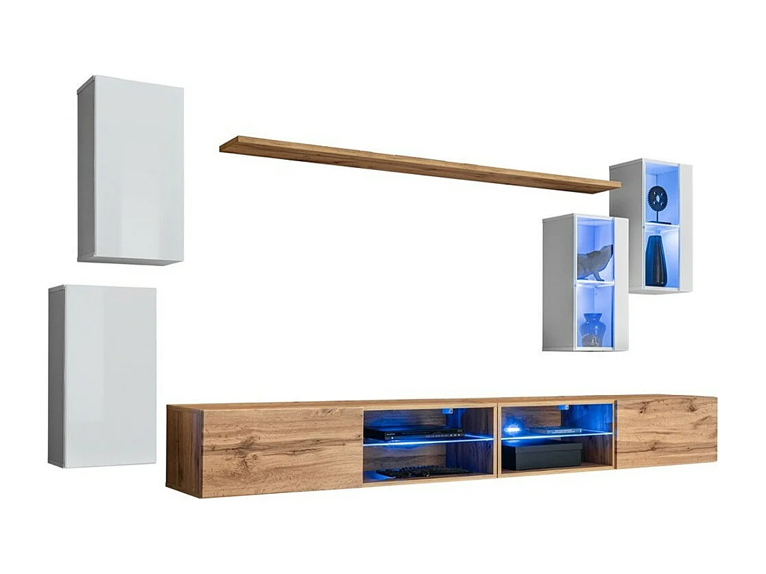 Woonkamermeubelset SWITCH XXV – LED – Wit en Eiken – Design muurcompositie