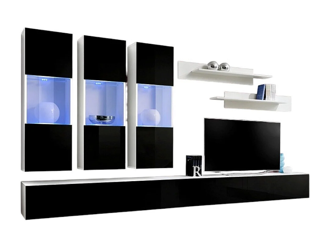 Meuble TV FLY E2 design, coloris blanc et noir brillant. Meuble suspendu moderne et tendance pour votre salon.