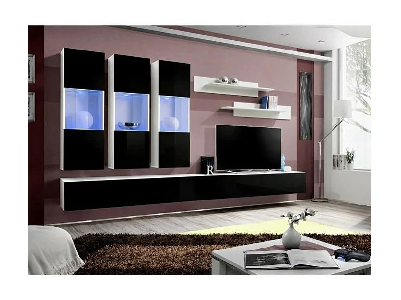 Meuble TV FLY E2 design, coloris blanc et noir brillant. Meuble suspendu moderne et tendance pour votre salon.