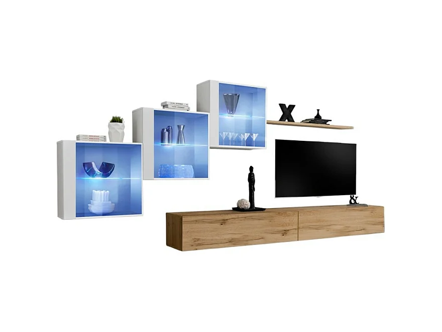 Wohnzimmermöbel-Set SWITCH XX Design, Farbe Wotan-Eiche und Hochglanz-Weiß.