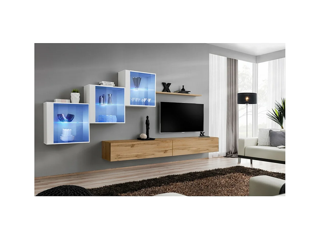 Wohnzimmermöbel-Set SWITCH XX Design, Farbe Wotan-Eiche und Hochglanz-Weiß.