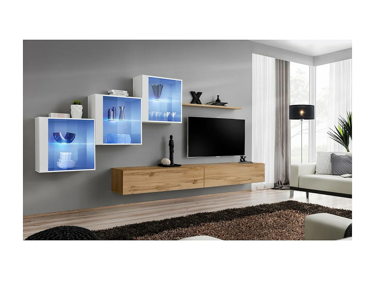 Ensemble meubles de salon SWITCH XX design, coloris chêne Wotan et blanc brillant.