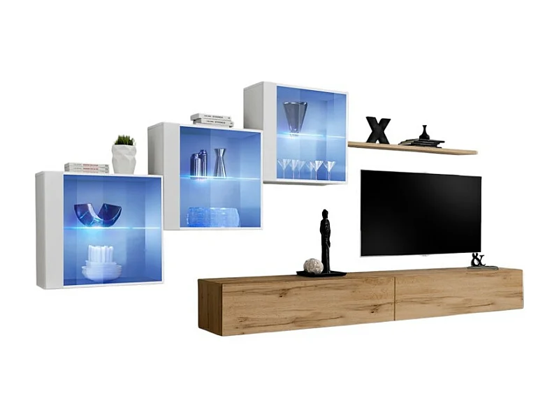 Ensemble meubles de salon SWITCH XX design, coloris chêne Wotan et blanc brillant.