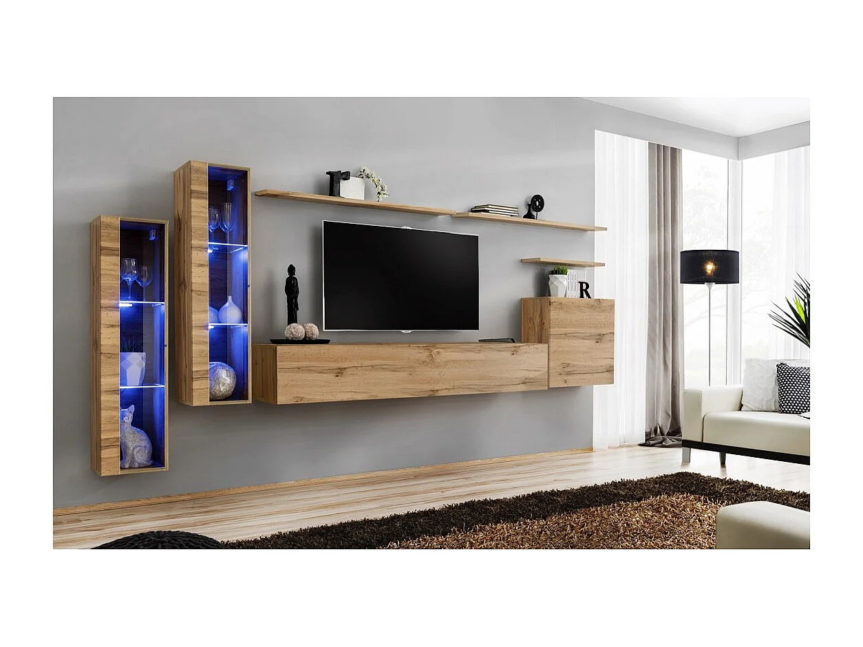 Ensemble meuble salon mural SWITCH XI design, coloris chêne Wotan.