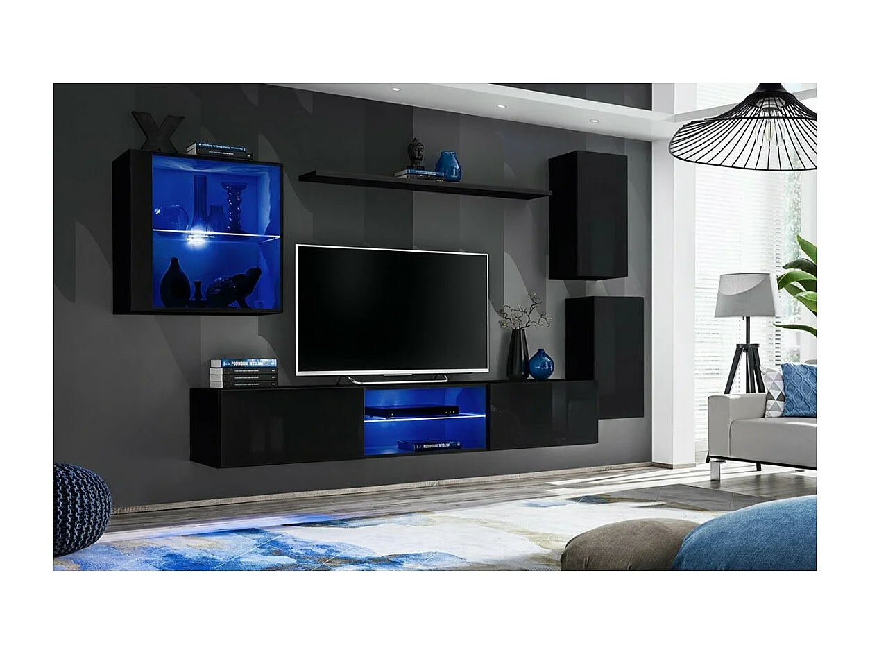 Ensemble meubles de salon SWITCH XXIII – LED – Noir brillant – Design suspendu