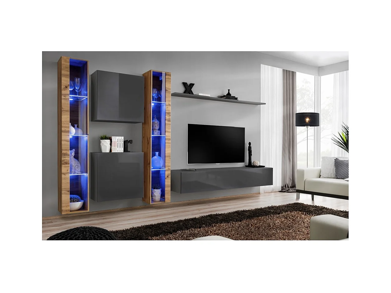 Conjunto de muebles de pared para salón SWITCH XVI de diseño, en colores gris brillante y roble Wotan.