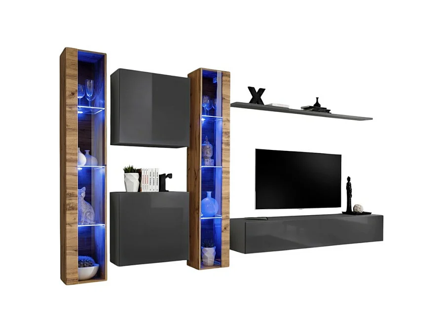 Ensemble meuble salon mural SWITCH XVI design, coloris gris brillant et chêne Wotan.