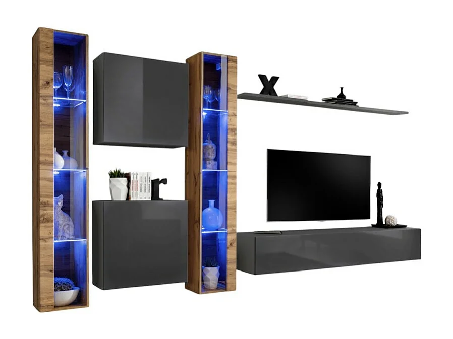 Ensemble meuble salon mural SWITCH XVI design, coloris gris brillant et chêne Wotan.