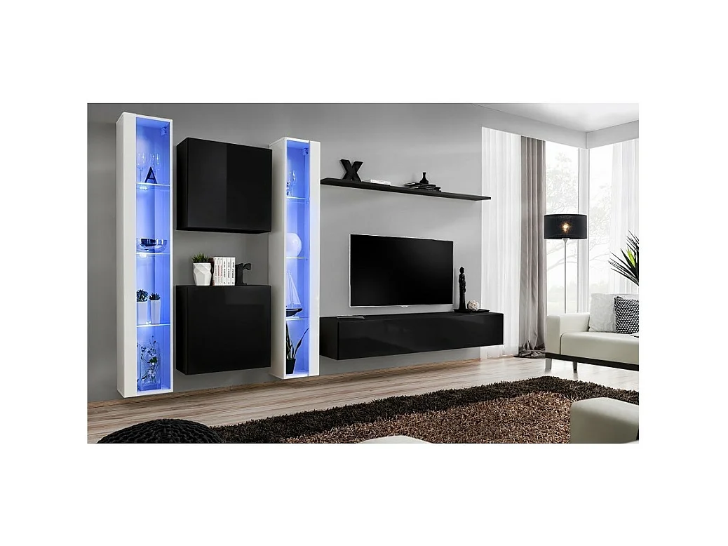 Woonkamer wandmeubel set SWITCH XVI design, in glanzend zwart en wit.