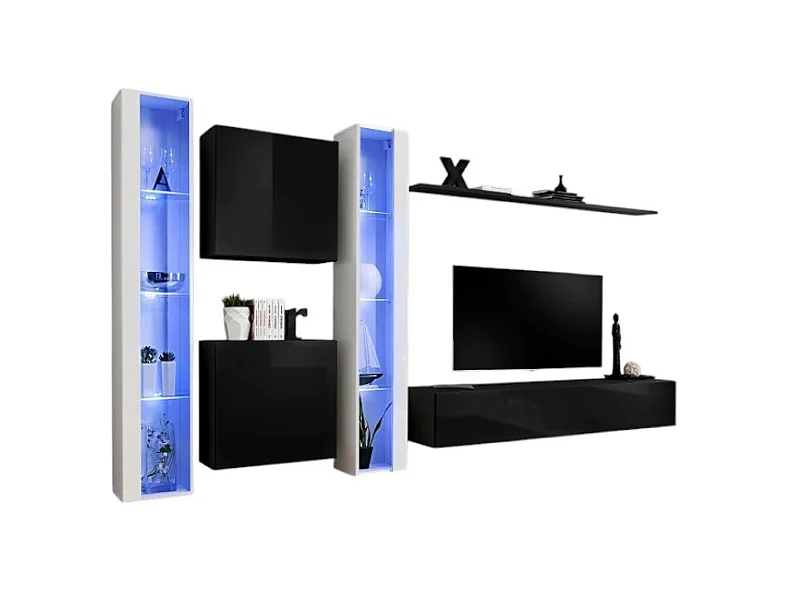 Ensemble meuble salon mural SWITCH XVI design, coloris noir et blanc brillant.