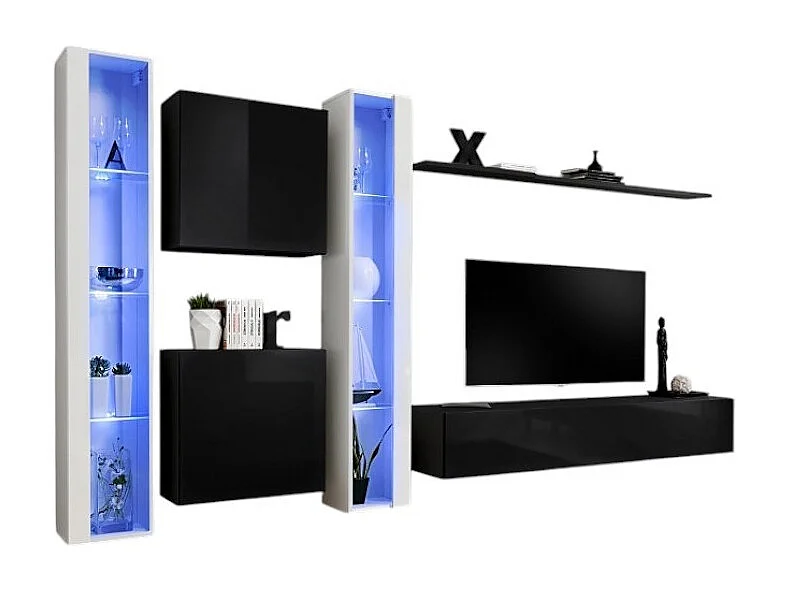 Ensemble meuble salon mural SWITCH XVI design, coloris noir et blanc brillant.