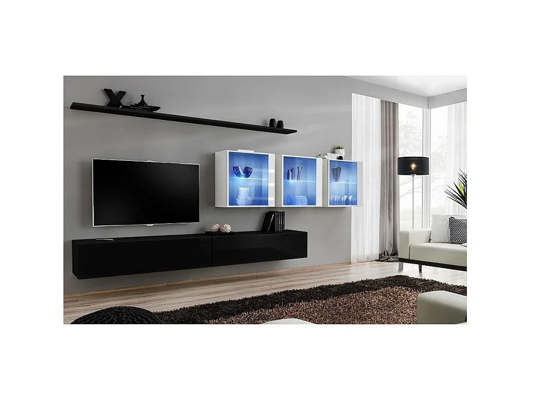 Wand-Wohnzimmermöbelset SWITCH XVII Design, in glänzendem Schwarz und Weiß.