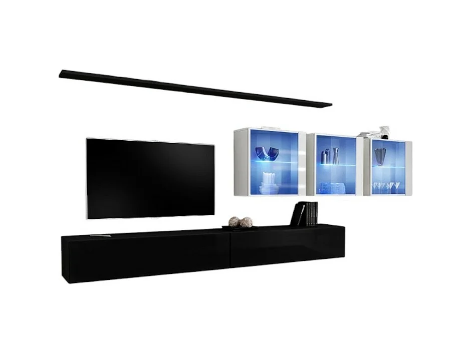 Ensemble meuble salon mural SWITCH XVII design, coloris noir et blanc brillant.