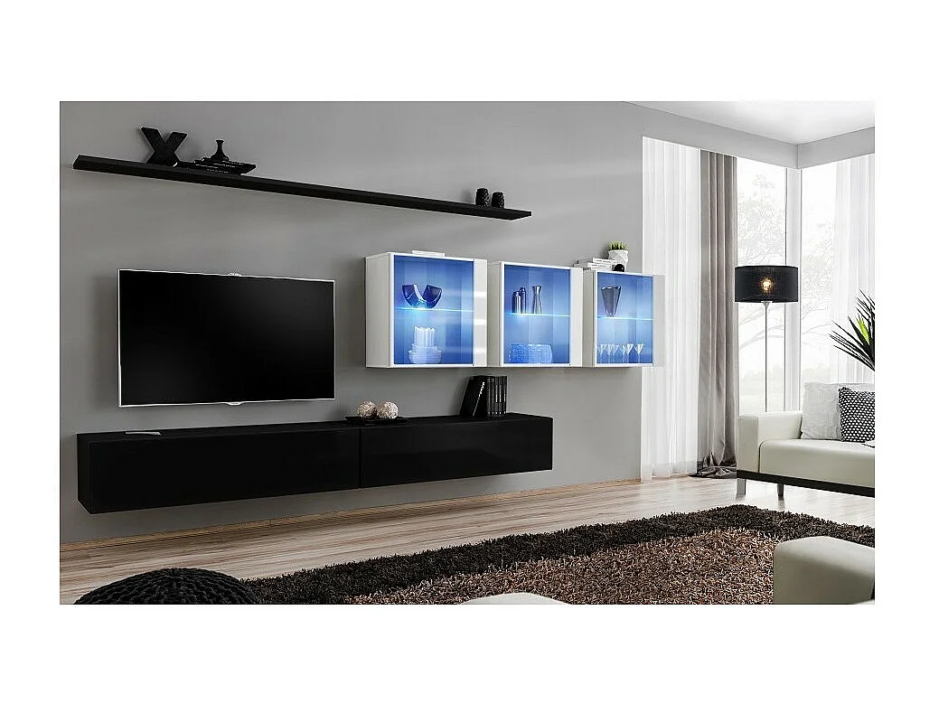 Ensemble meuble salon mural SWITCH XVII design, coloris noir et blanc brillant.