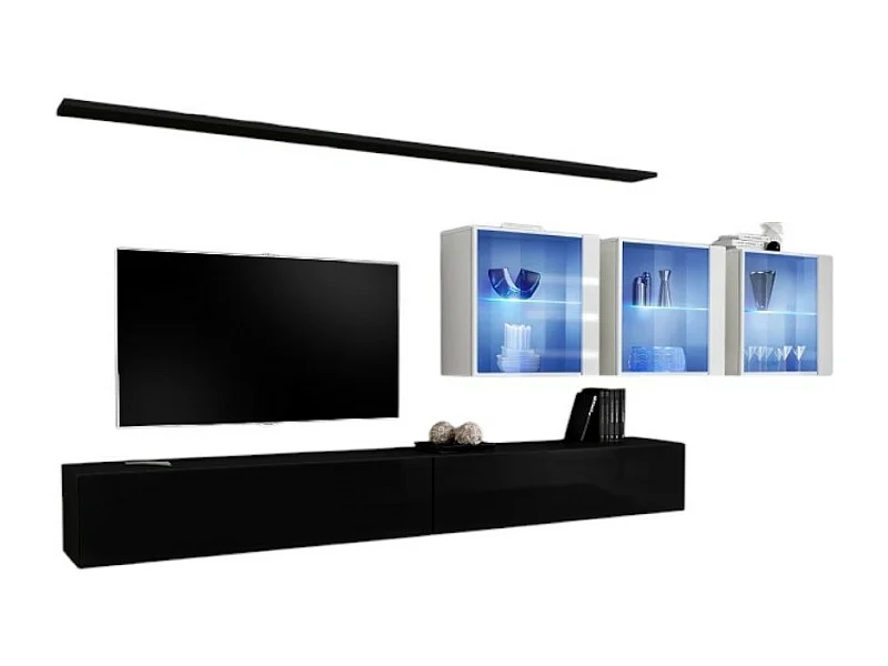Ensemble meuble salon mural SWITCH XVII design, coloris noir et blanc brillant.