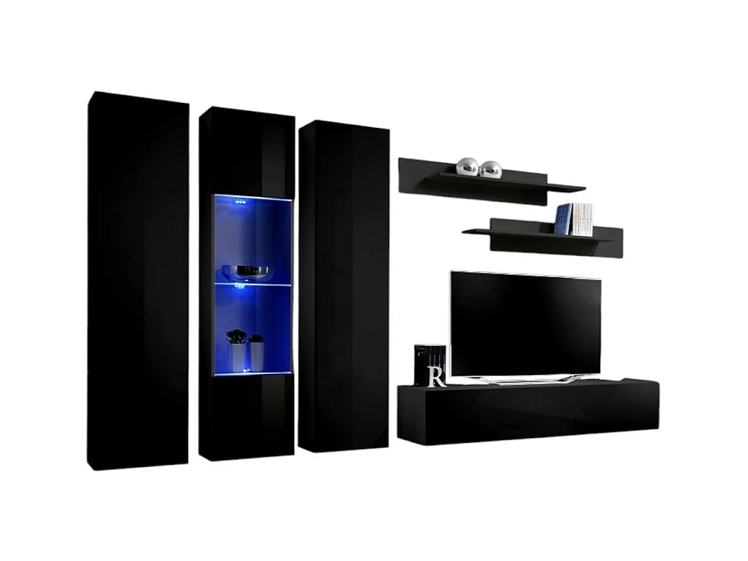 Meuble TV FLY C5 design, coloris noir brillant. Meuble suspendu moderne et tendance pour votre salon.