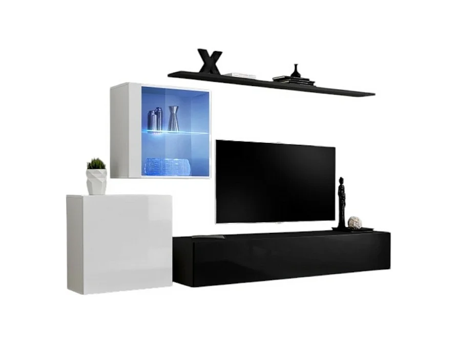 Ensemble meuble salon mural SWITCH XV design, coloris noir et blanc brillant.