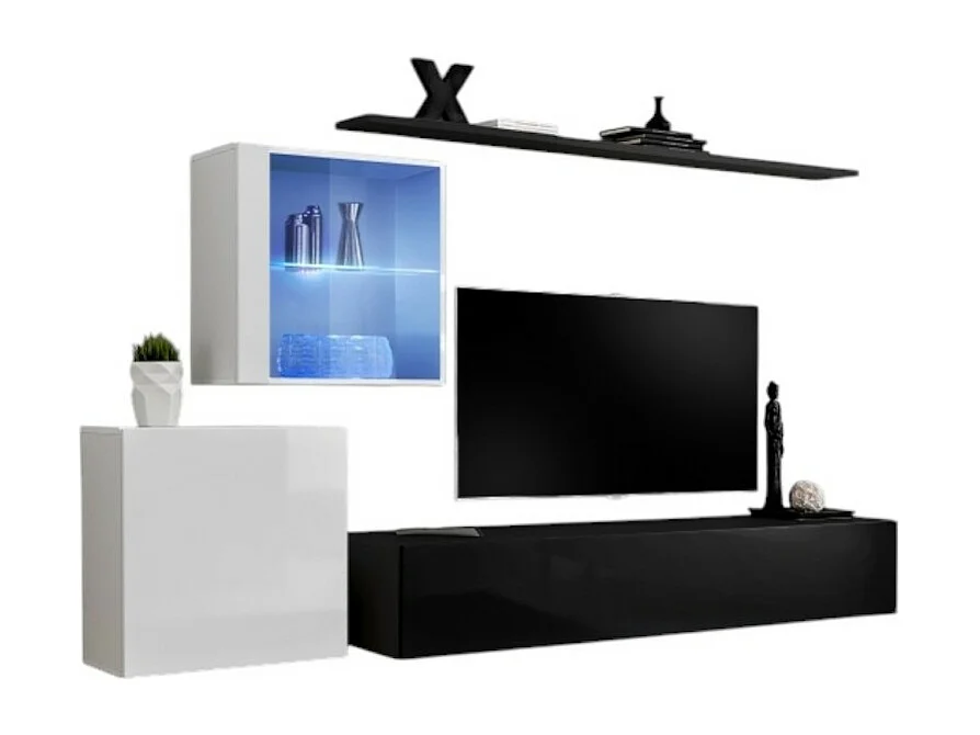 Wandmeubelset voor de woonkamer SWITCH XV in design, in glanzend zwart en wit.