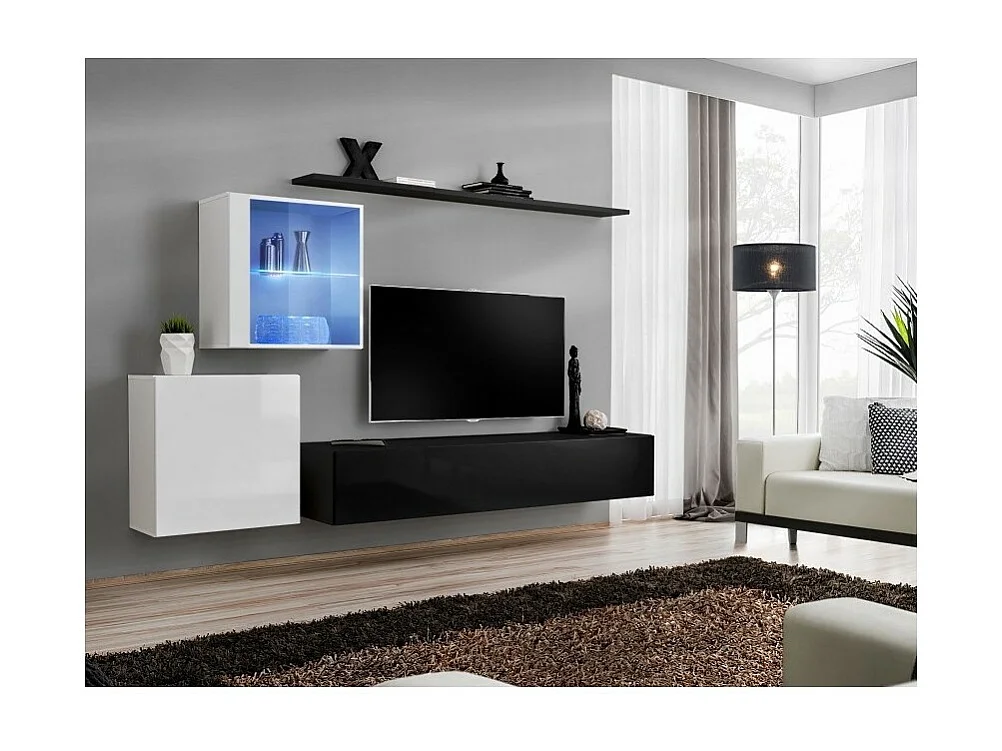 Wandmeubelset voor de woonkamer SWITCH XV in design, in glanzend zwart en wit.