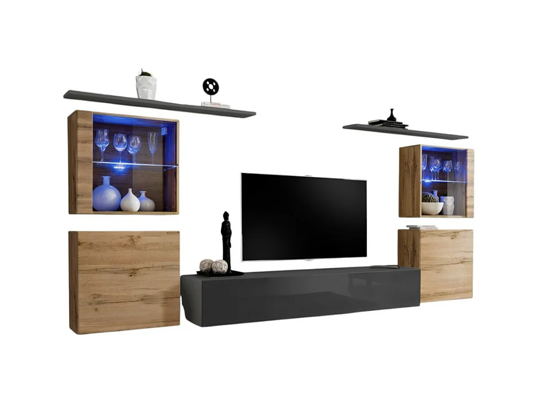 Set di mobili da salotto da parete SWITCH XIV design, colore grigio lucido e quercia Wotan.