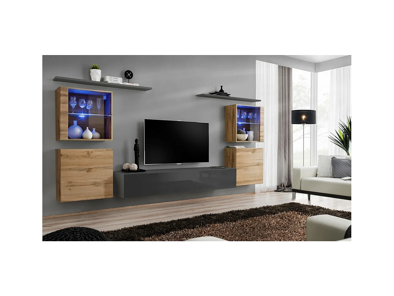 Set di mobili da salotto da parete SWITCH XIV design, colore grigio lucido e quercia Wotan.