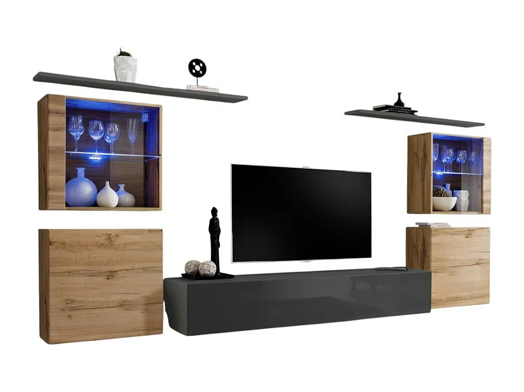 Wandmeubelset voor de woonkamer SWITCH XIV design, in glanzend grijs en Wotan eiken kleur.