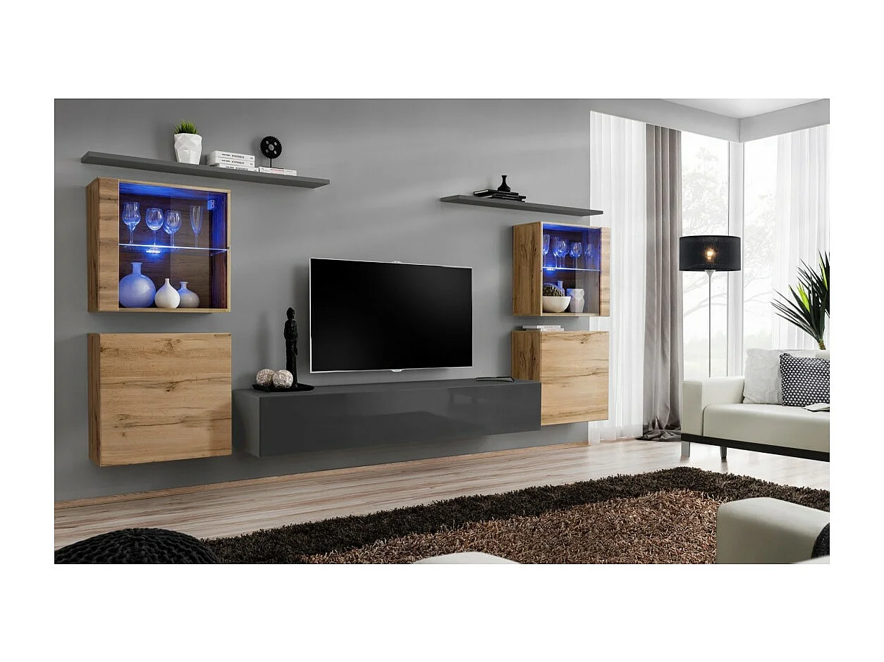 Wandmeubelset voor de woonkamer SWITCH XIV design, in glanzend grijs en Wotan eiken kleur.