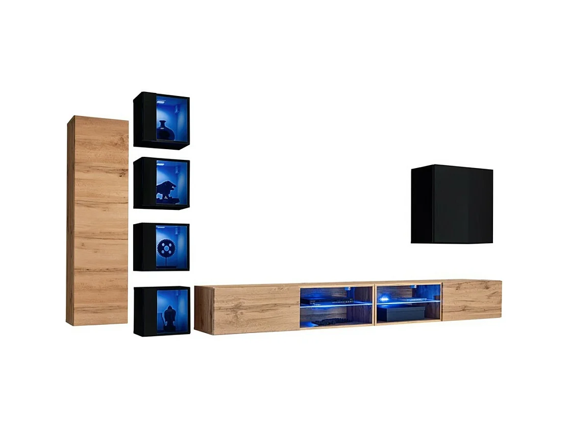 Set di mobili da soggiorno SWITCH XXVI – Rovere e nero – LED integrati & sistema Push to Open