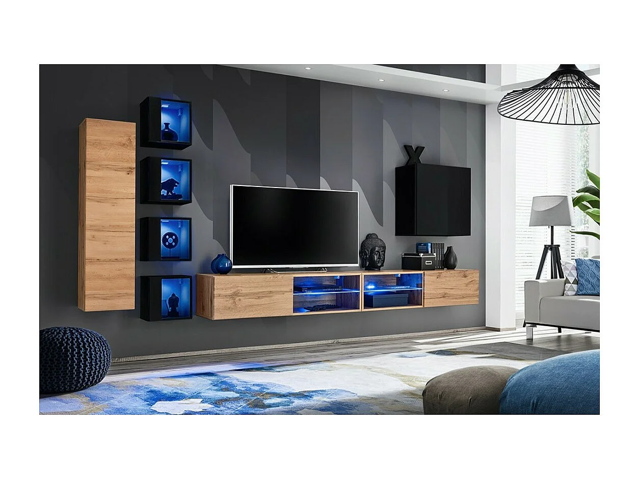 Conjunto de muebles de salón SWITCH XXVI – Roble y negro – LED integrados & sistema Push to Open