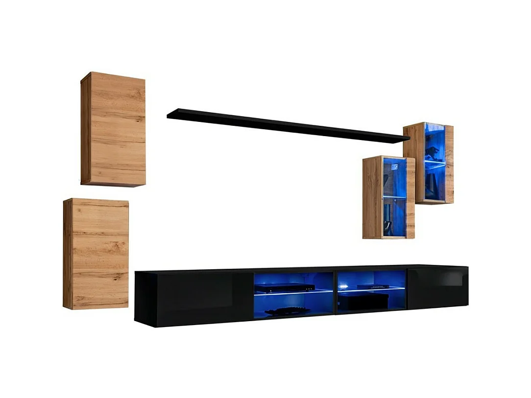 Conjunto de muebles de salón SWITCH XXV diseño, color roble y negro.