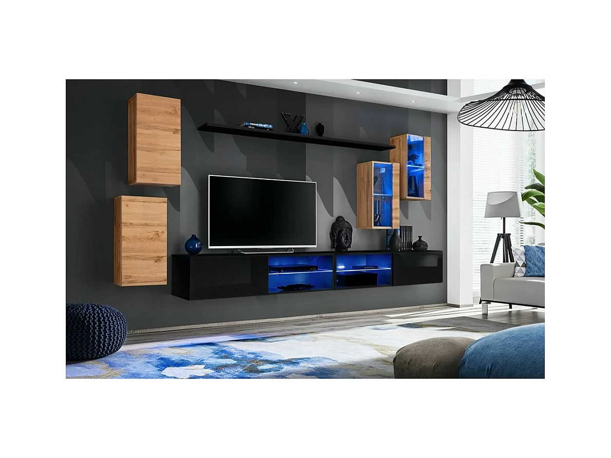 Conjunto de muebles de salón SWITCH XXV diseño, color roble y negro.