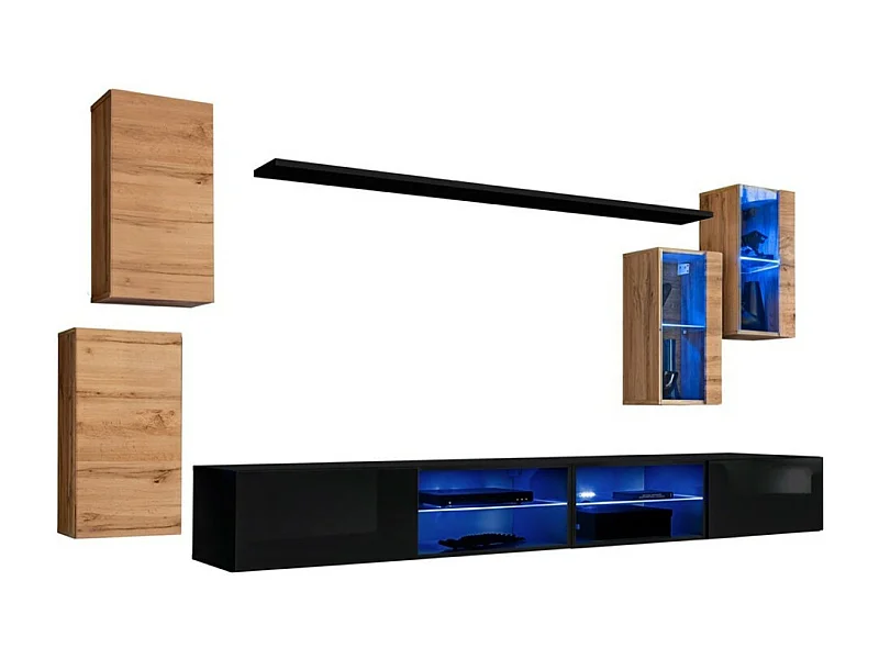 Ensemble meubles de salon SWITCH XXV design, coloris chêne et noir.