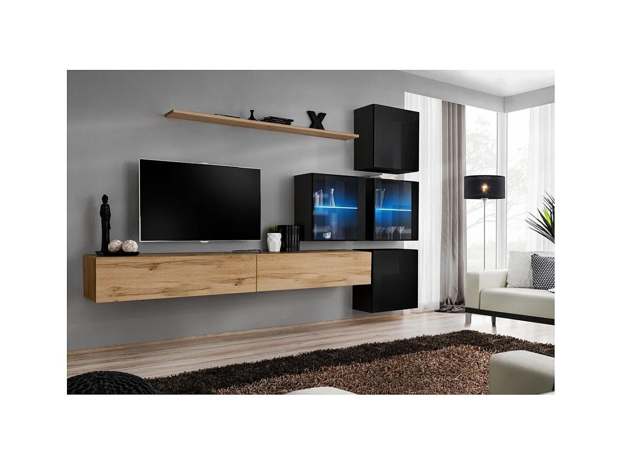 Wohnzimmermöbel-Set SWITCH XIX im Design, Farbe Wotan-Eiche und Hochglanz Schwarz.