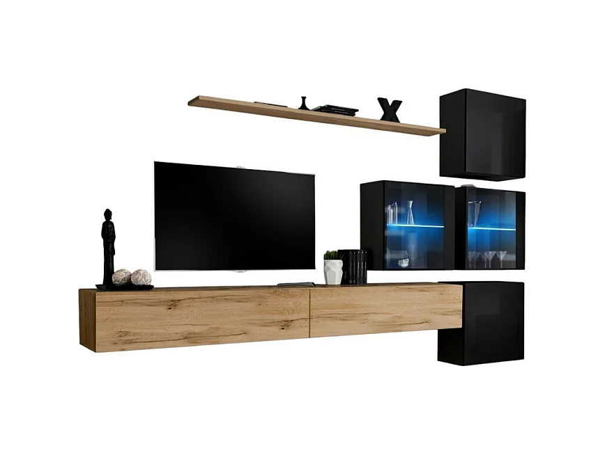 Ensemble meubles de salon SWITCH XIX design, coloris chêne Wotan et noir brillant.