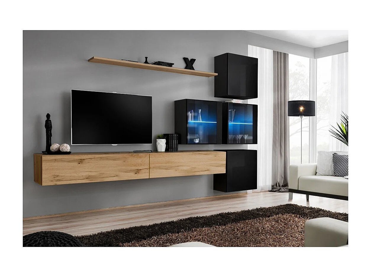 Wohnzimmermöbel-Set SWITCH XIX im Design, Farbe Wotan-Eiche und Hochglanz Schwarz.