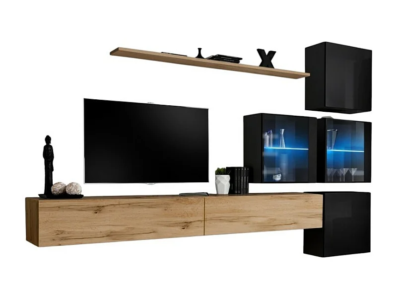 Set di mobili da soggiorno SWITCH XIX design, colori quercia Wotan e nero lucido.