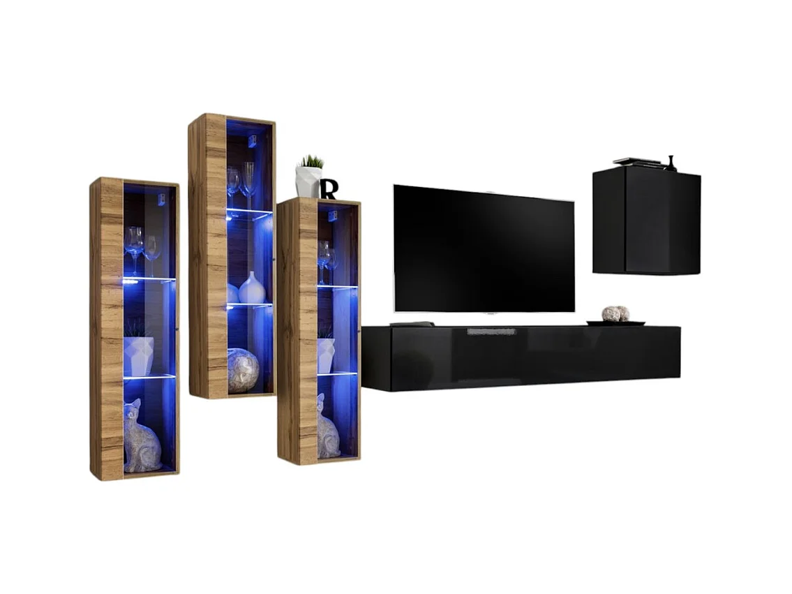 Conjunto de muebles para salón mural SWITCH XIII diseño, color negro y roble Wotan.