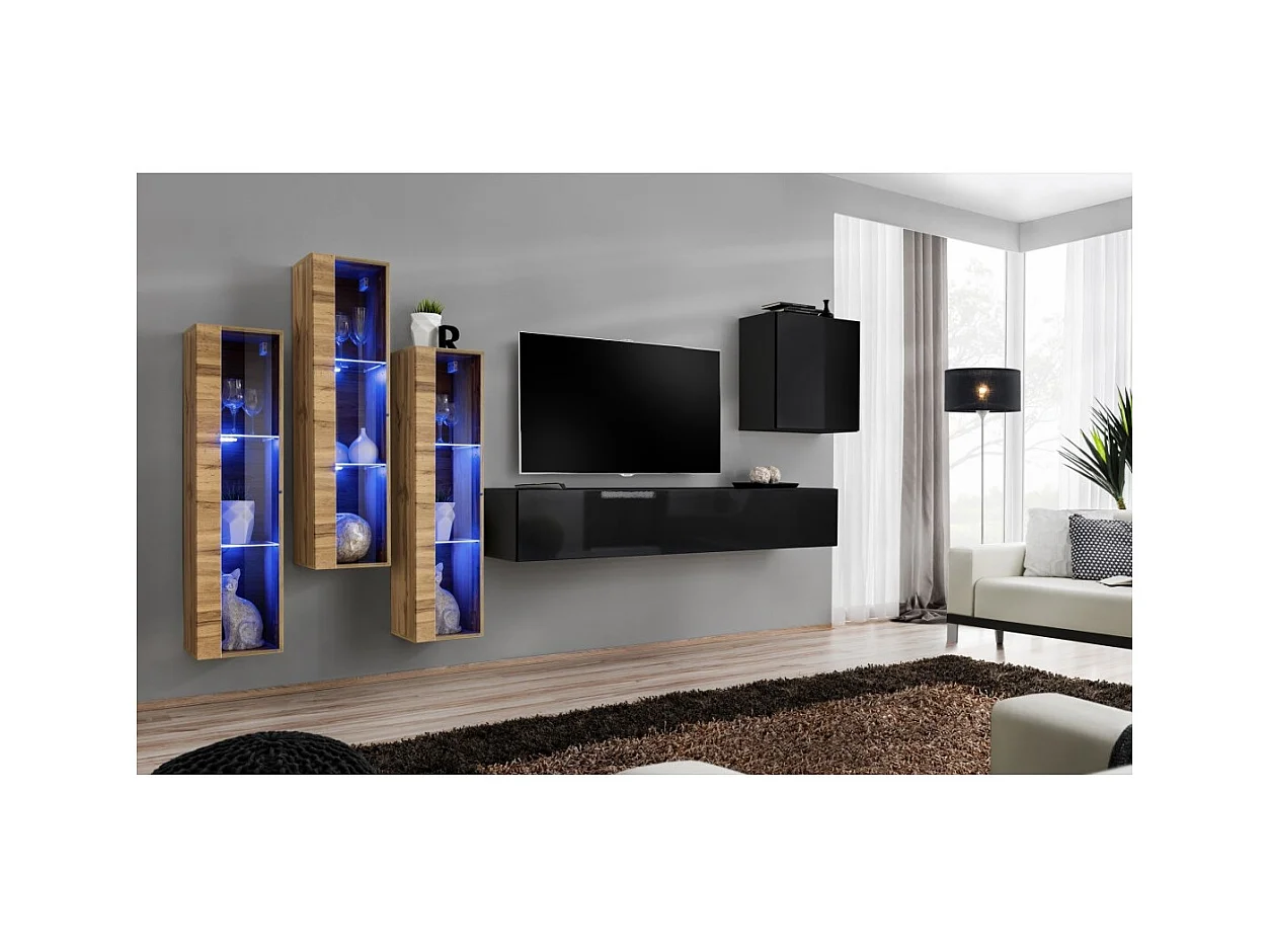 Conjunto de muebles para salón mural SWITCH XIII diseño, color negro y roble Wotan.