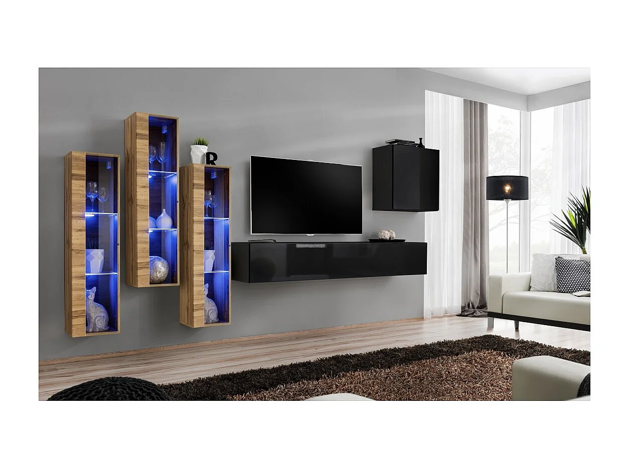 Wandmeubelset voor de woonkamer SWITCH XIII design, in zwart en Wotan eiken kleur.