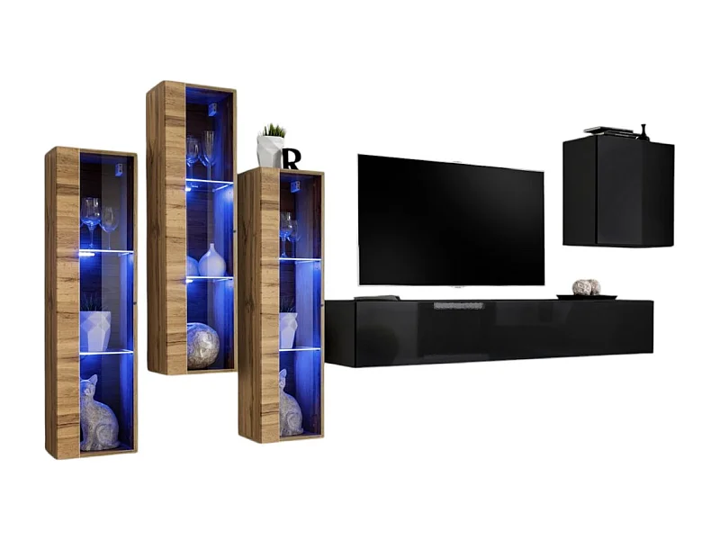 Wandmeubelset voor de woonkamer SWITCH XIII design, in zwart en Wotan eiken kleur.