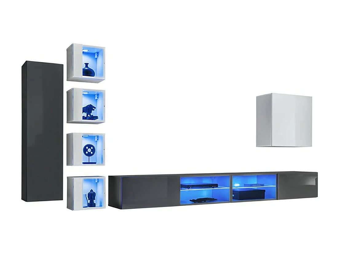 Set woonkamermeubels SWITCH XXVI – Grijs en wit – Geïntegreerde LED & Push to Open systeem