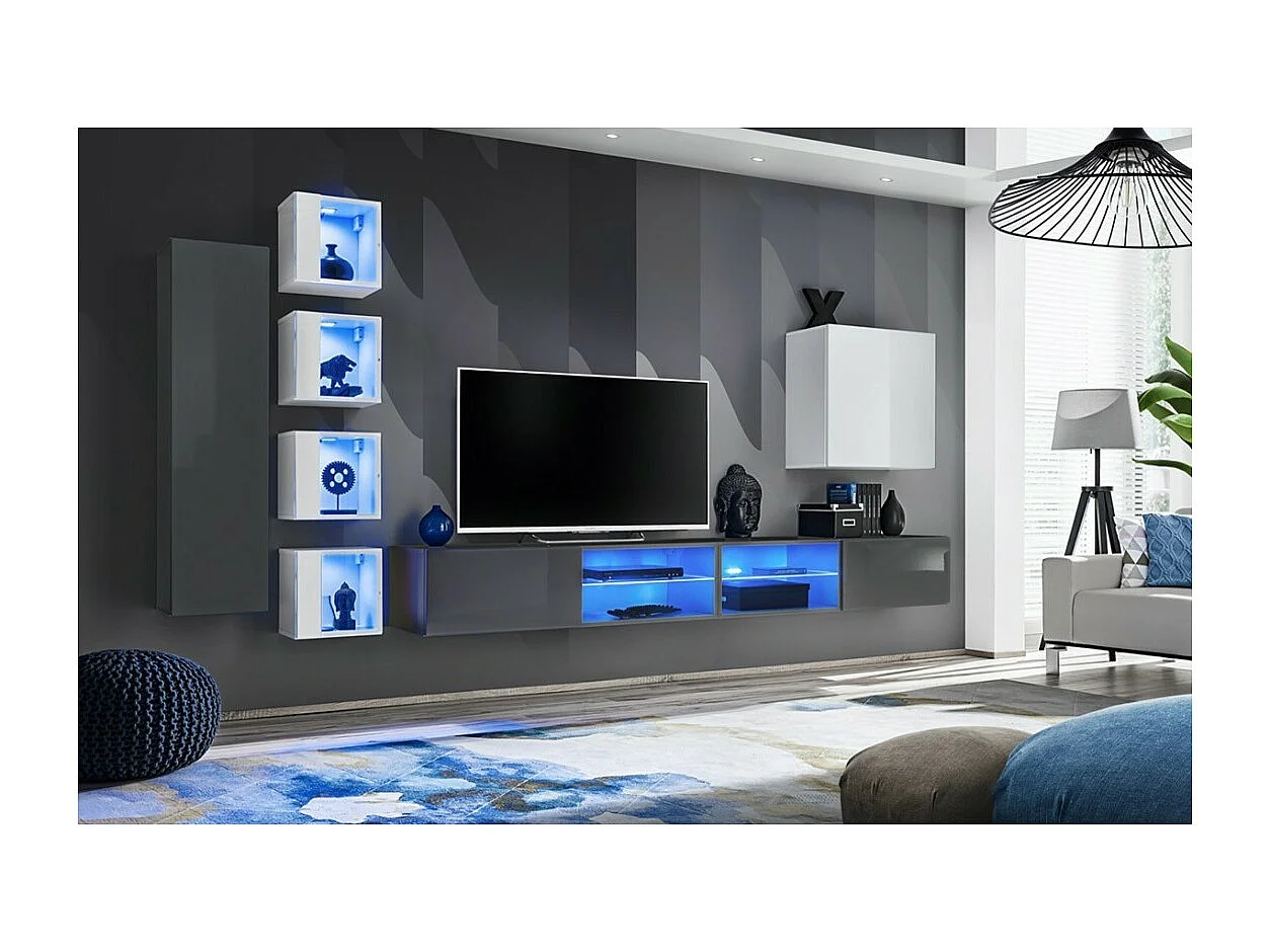 Set woonkamermeubels SWITCH XXVI – Grijs en wit – Geïntegreerde LED & Push to Open systeem