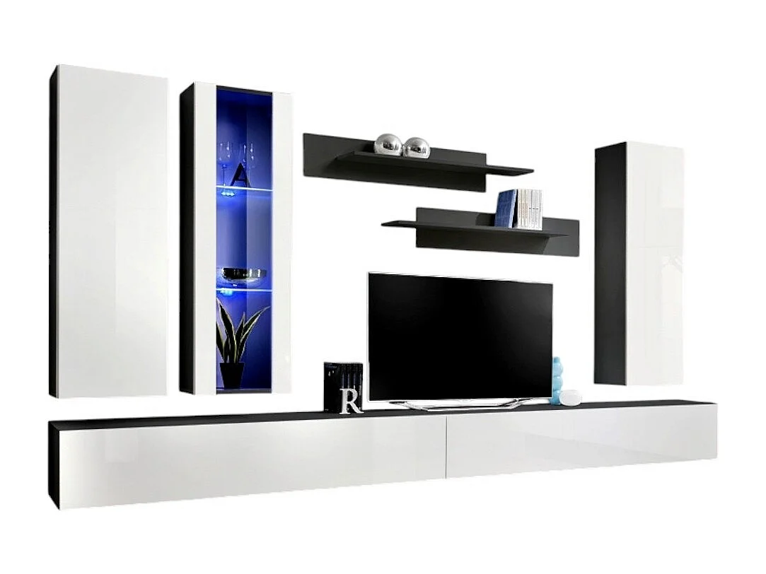 Meuble TV FLY E4 design, coloris blanc brillant. Meuble suspendu moderne et tendance pour votre salon.