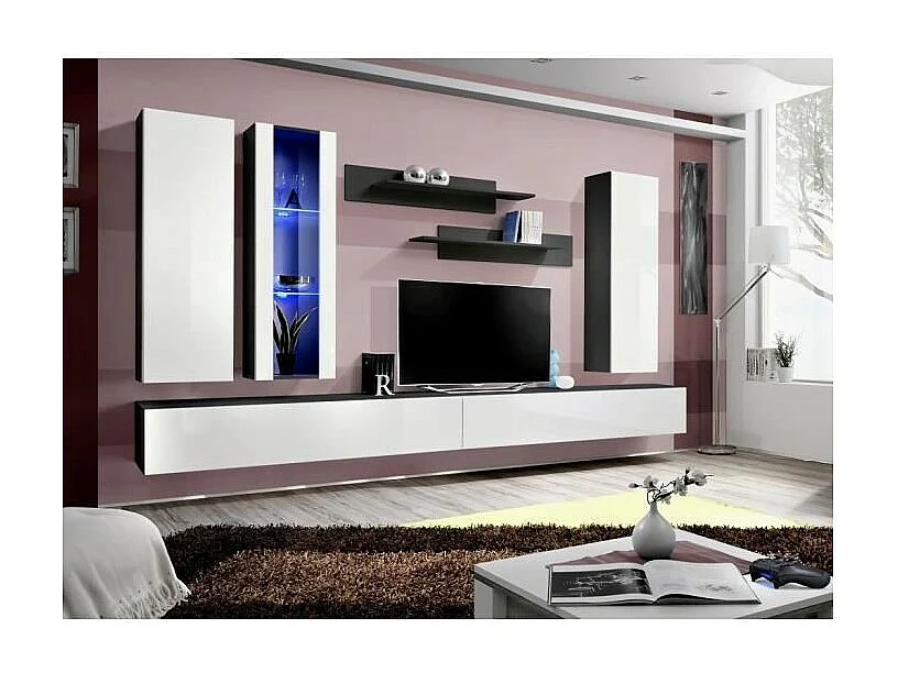 Meuble TV FLY E4 design, coloris blanc brillant. Meuble suspendu moderne et tendance pour votre salon.